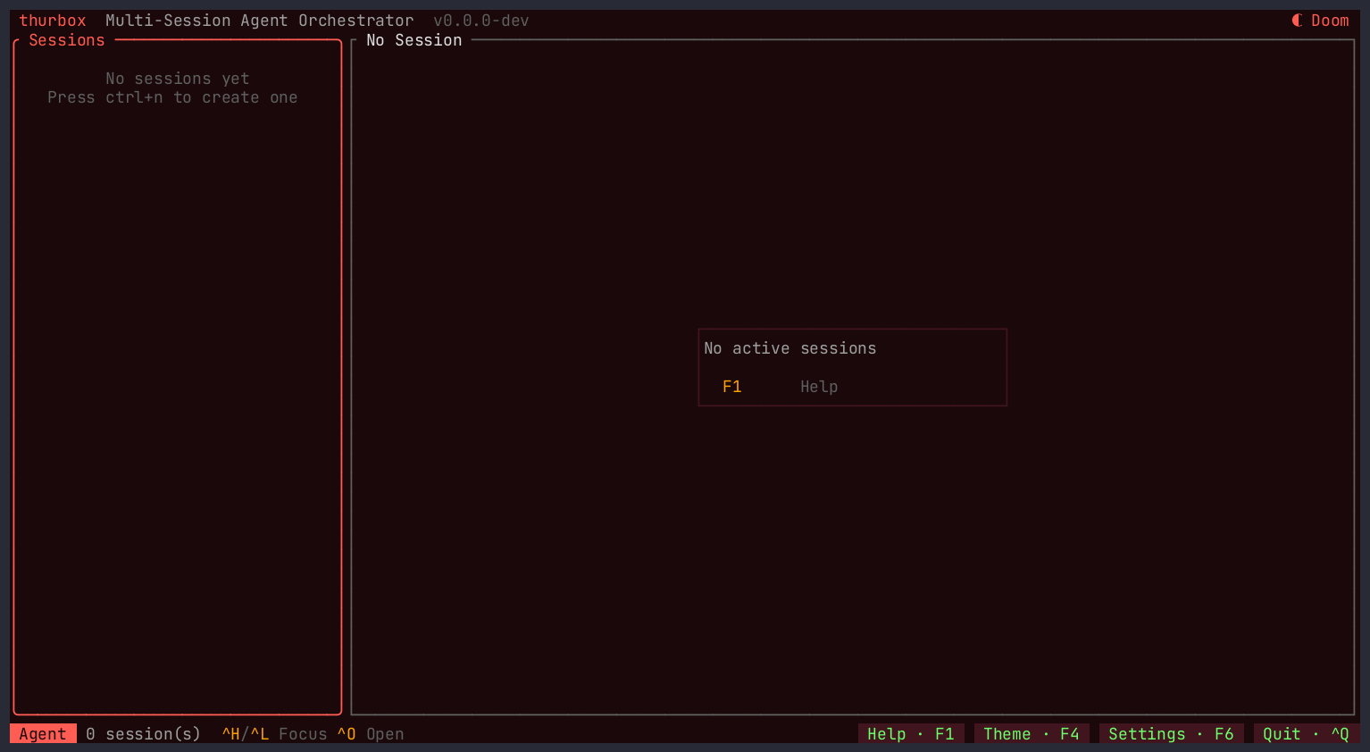 An empty Thurbox: the session list on the left, an empty agent pane on the right