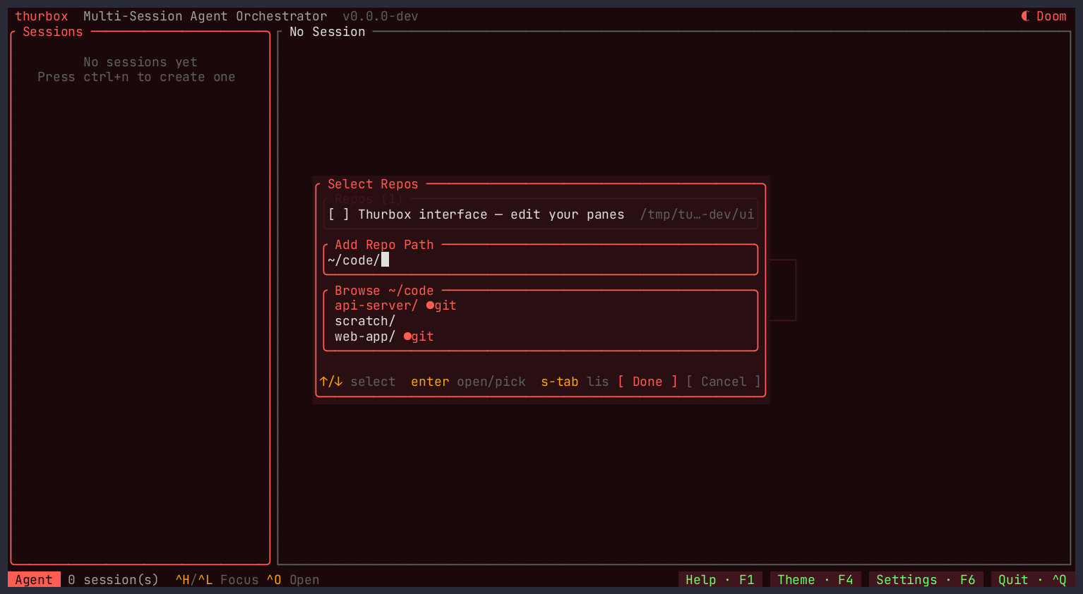 The browse dropdown listing ~/code, with a git marker beside two entries