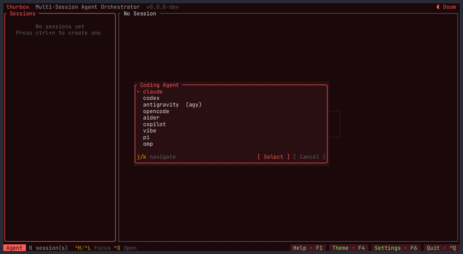 The agent picker listing claude, codex, antigravity, opencode, aider, copilot, vibe, pi and omp