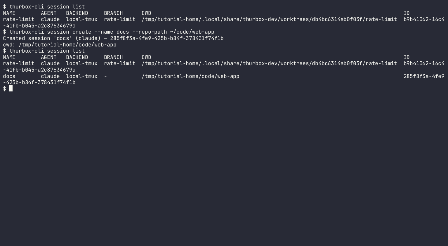 thurbox-cli session list, a headless session create, and the list again
