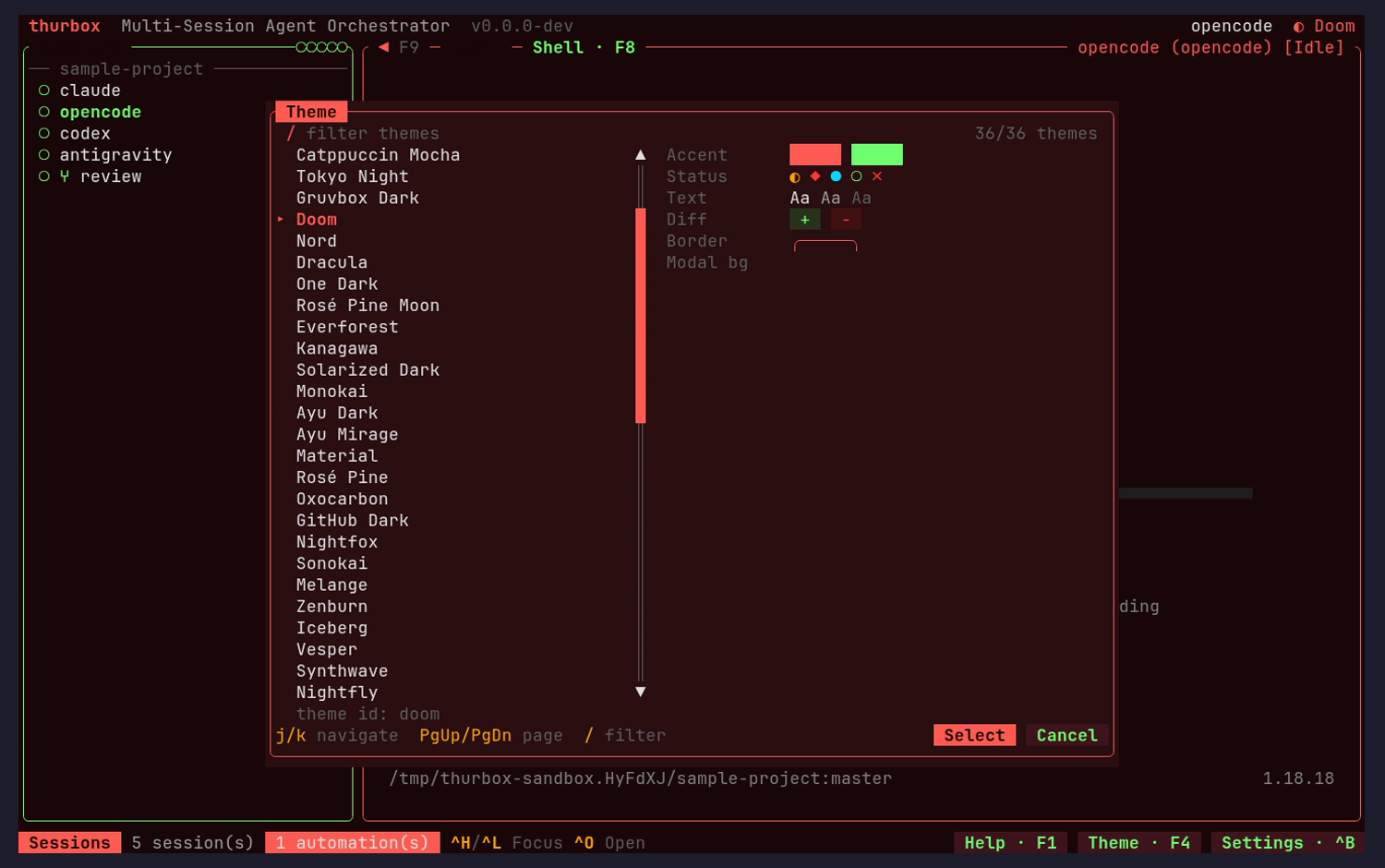 Theme picker (36 palettes, grouped)