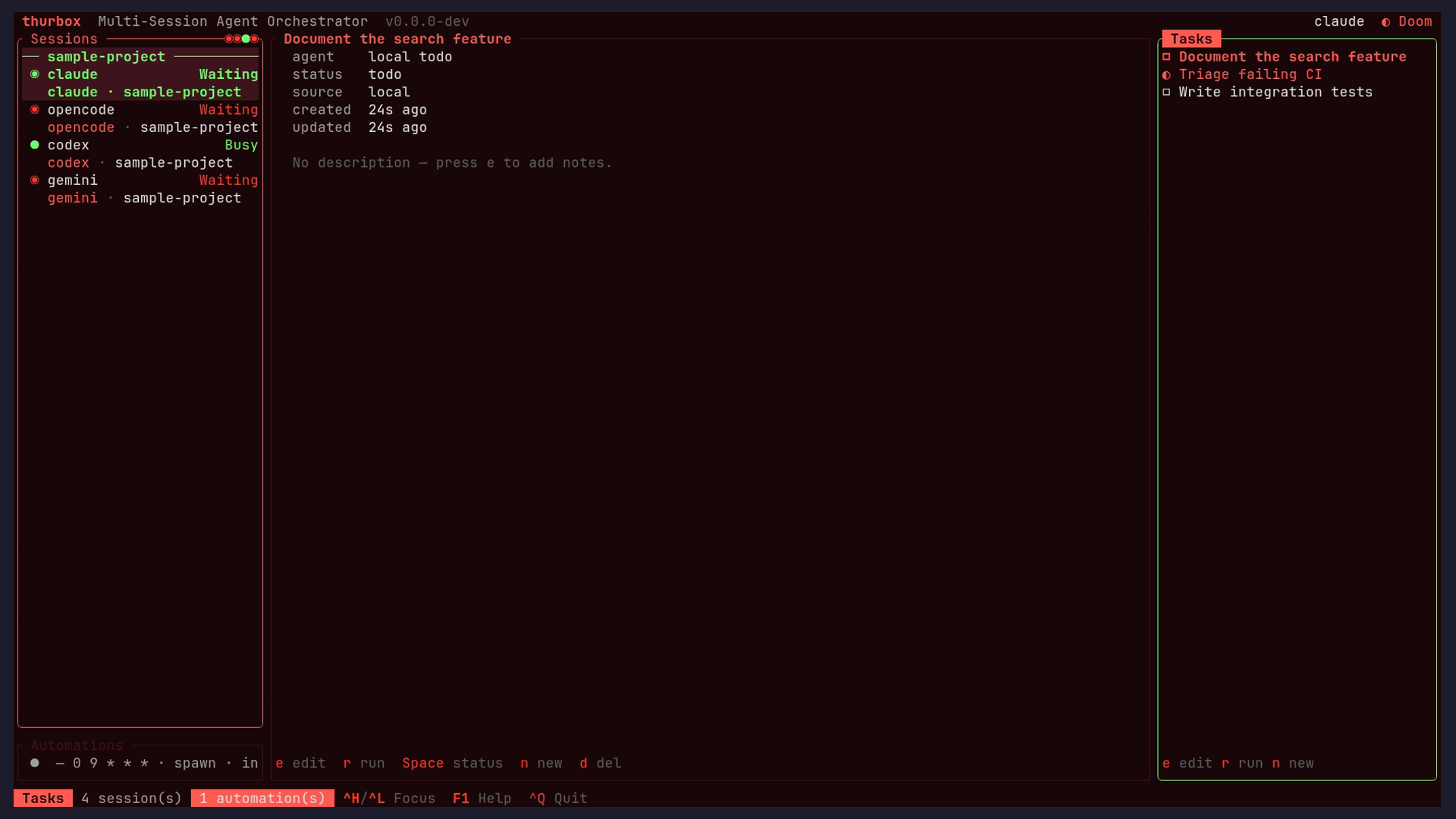 Tasks panel + full-screen preview (Ctrl+W)