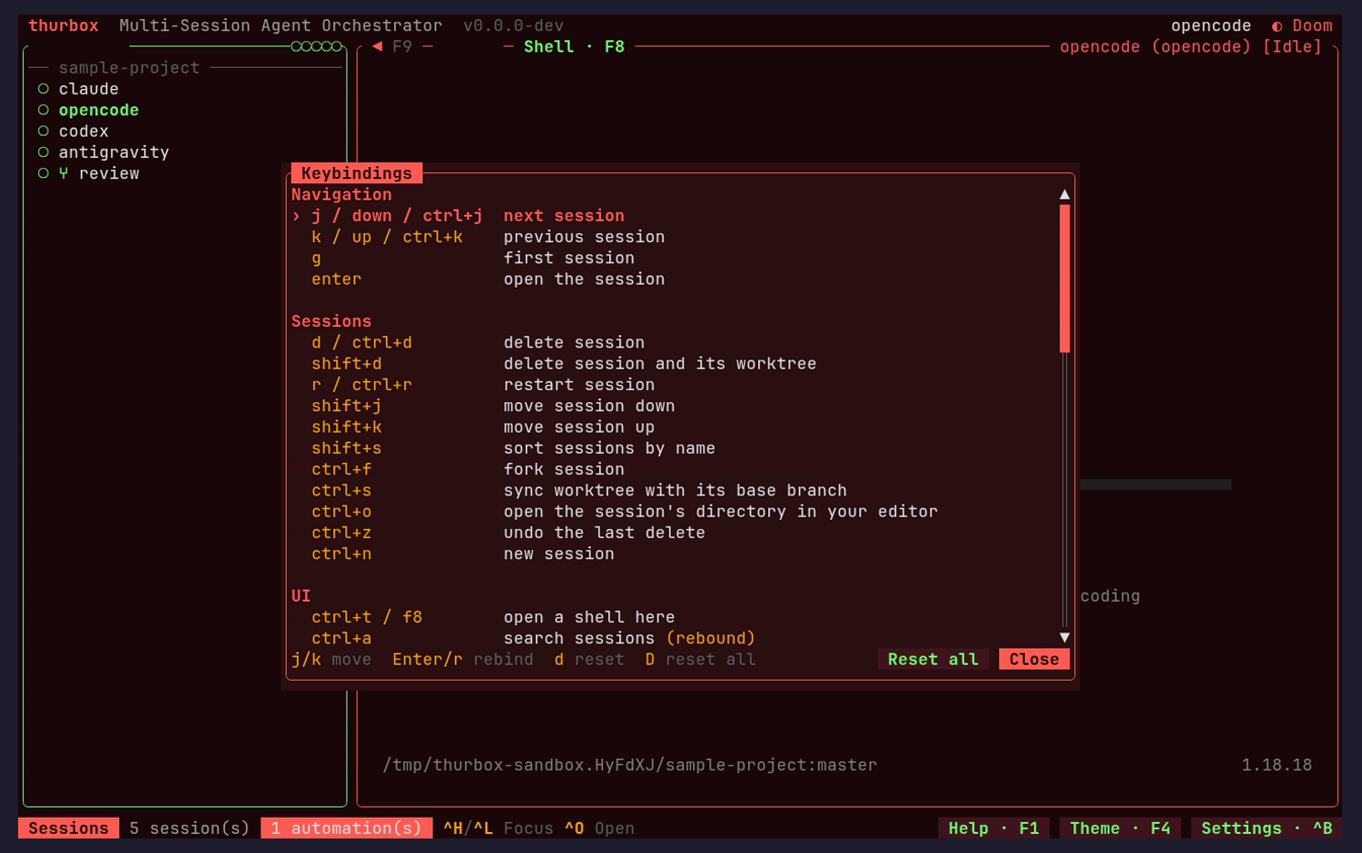 Keybindings help, rendered from the registry