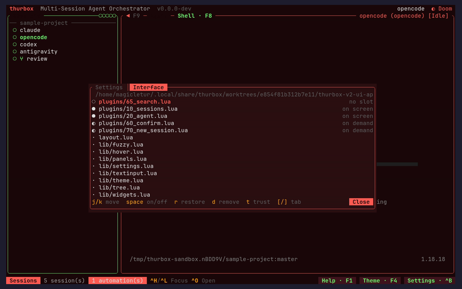Settings: the Interface tab (plugin inventory)