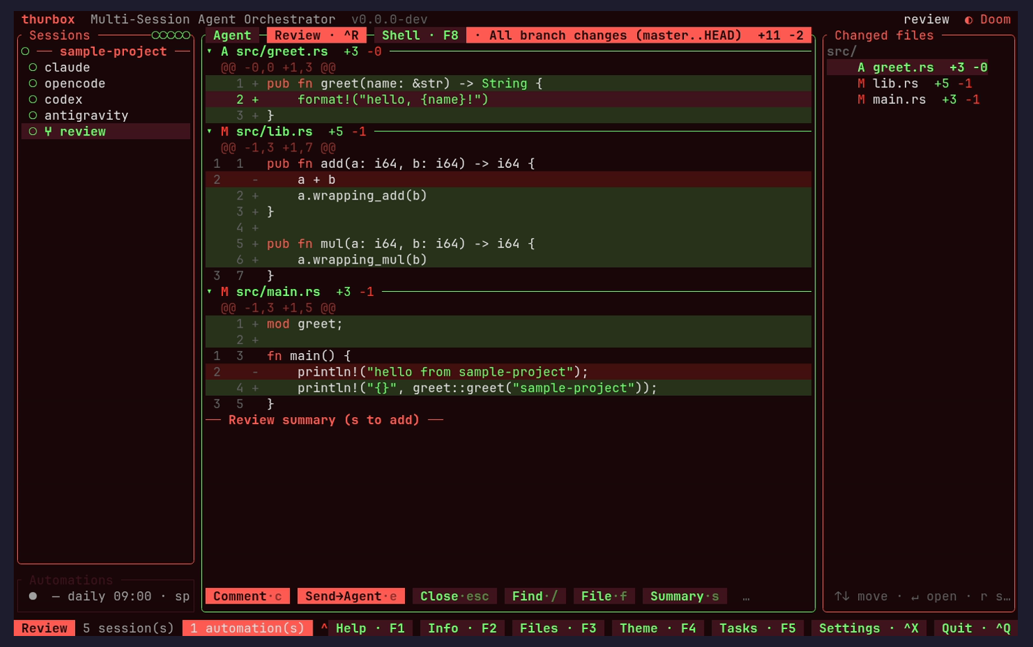 Code-review view (branch diff + changed-files column)