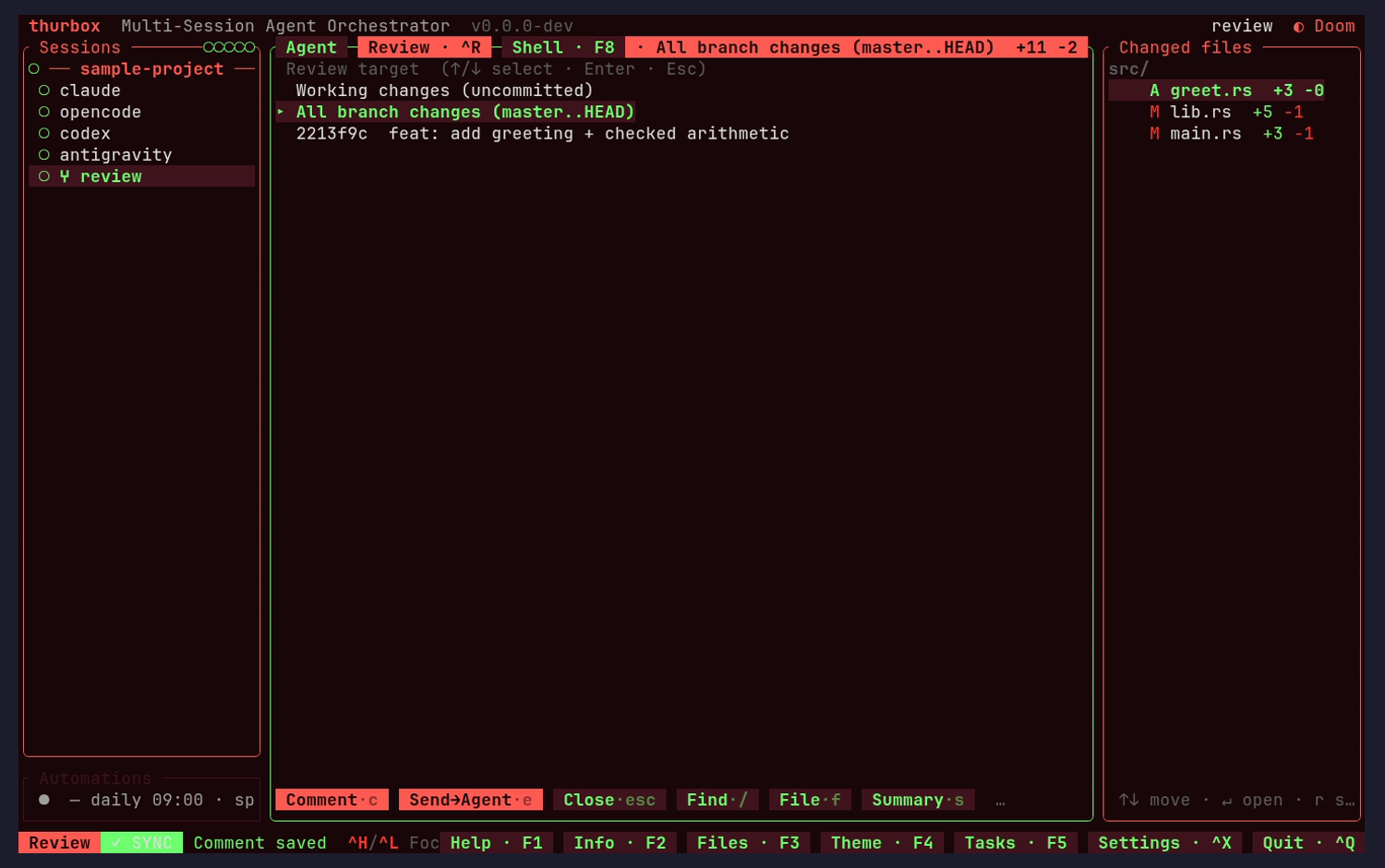 Code review: target picker (working / branch / commit)